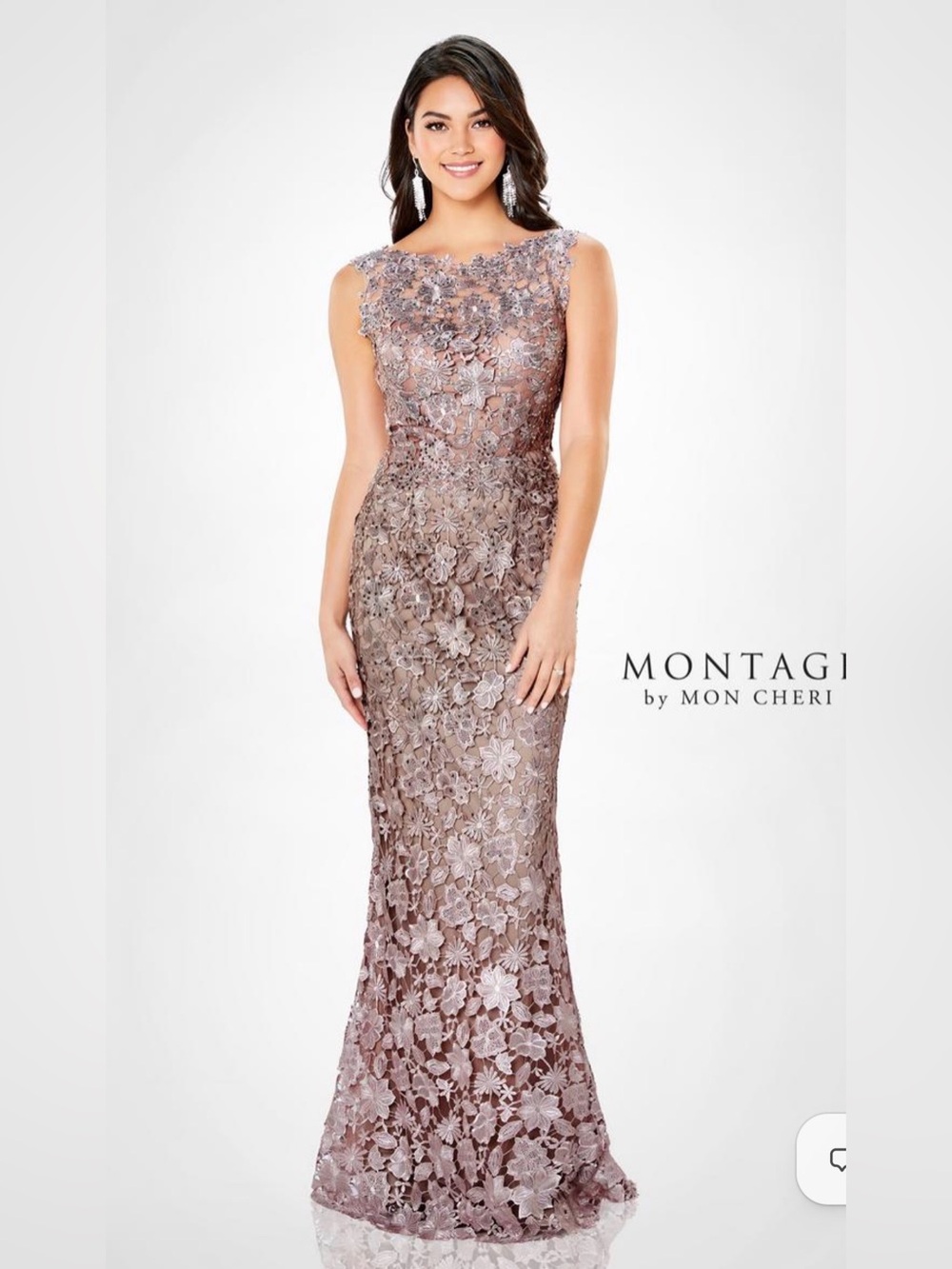 Montage by Mon Cheri Blush Floral Lace Long Sleeve Evening Gown